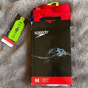 Speedo Red Swim Briefs with Navy Orange and Neon Green trim